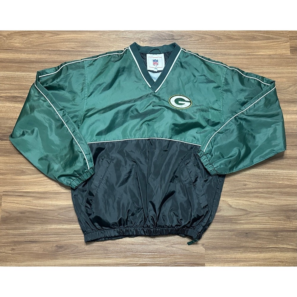 VTG NFL Green Bay Packers Windbreaker Pullover Green Black V-Neck Sz M